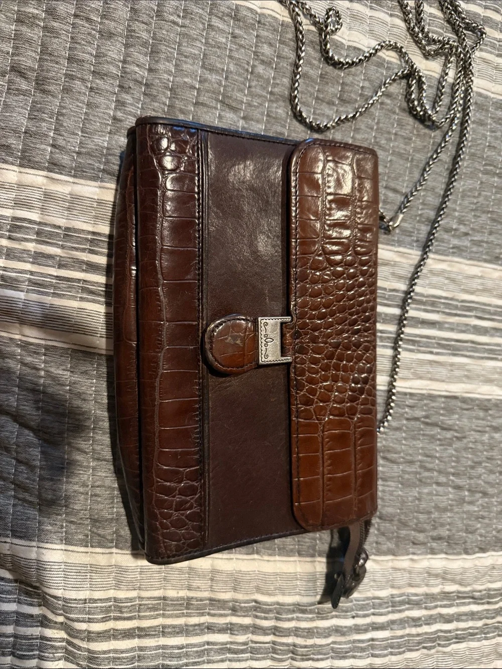 Brighton Brown Croc-Embossed Leather Crossbody with Chain Strap